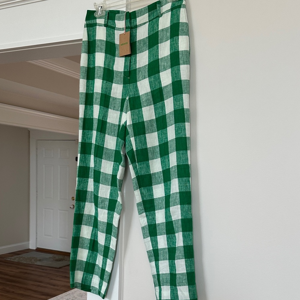 Boden sz 4 NWT linen pants hi rise straight leg Kelly green off white checkered